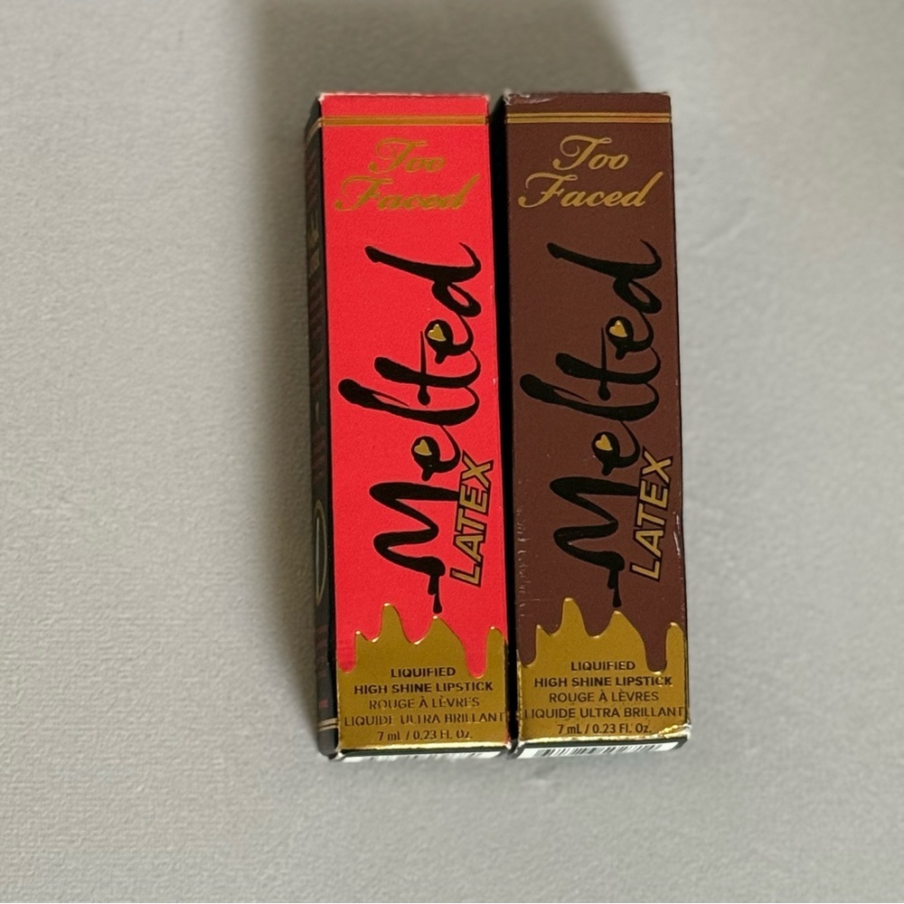 2Pc Too Faced Melted Latex Lipstick Pair Rated R Red and Strange Love Chocolate